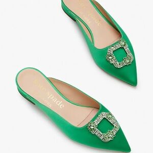Kate Spade Kelly/Emerald Green Satin Buckle Up Slide Flats *Minor Flaws*
